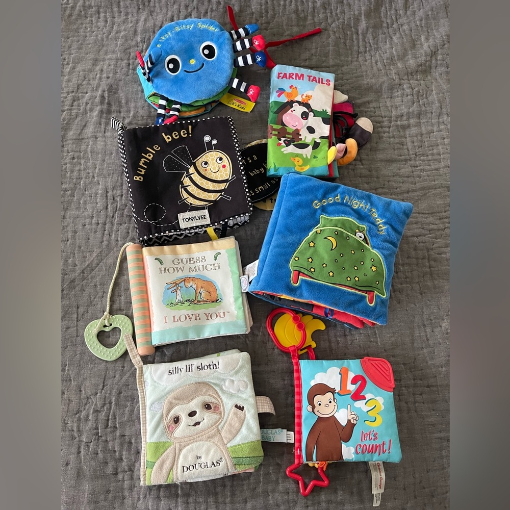Bundle of 7 Soft Learning Books Kids Babies Curious George Animals Bears Bunnies